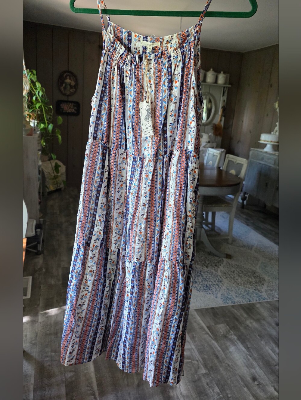 easel Boho Tiered Maxi Dress in Blue, Orange & White